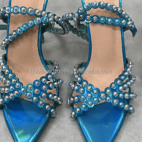 Hoslasen shoes holographic blue very pointy open toe shape with shinny pearls high heel sandals women shoes summer 2022 fashion