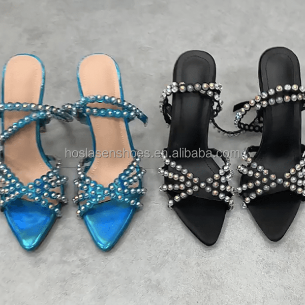 Hoslasen shoes holographic blue very pointy open toe shape with shinny pearls high heel sandals women shoes summer 2022 fashion