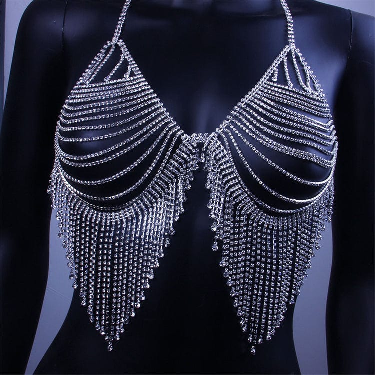 Hot rhinestone shiny tassel body chain bikini bras women exotic stripper outfit dancewear clothes sexy luxe diamond lingerie