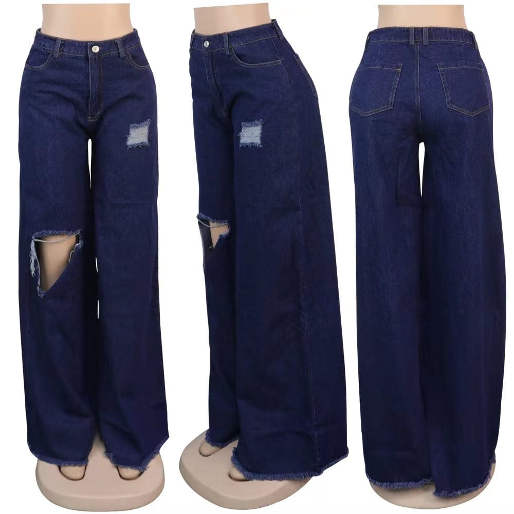 Hot Sale High Waist Irregularity Ripped Jeans Women Wide Leg Pants Popular Denim Jeans