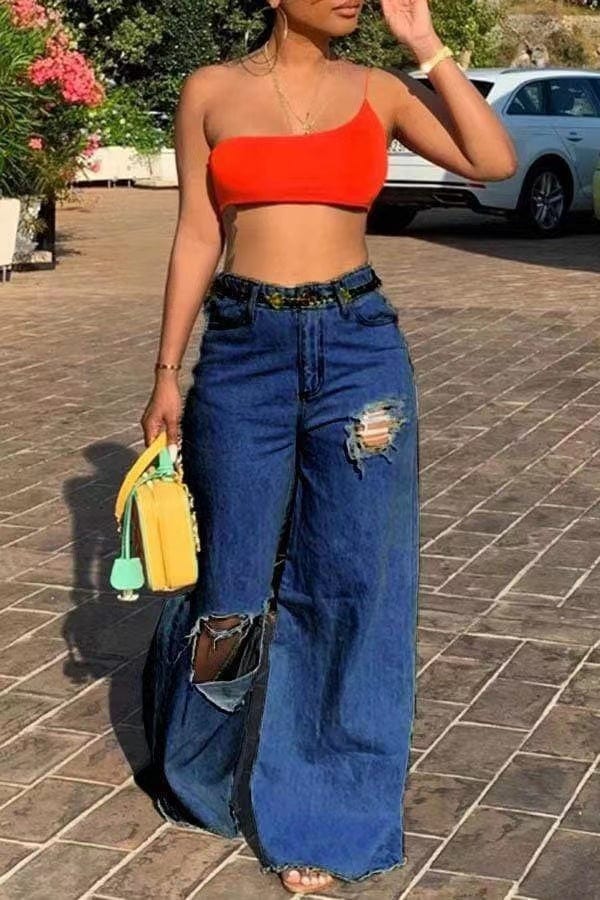 Hot Sale High Waist Irregularity Ripped Jeans Women Wide Leg Pants Popular Denim Jeans