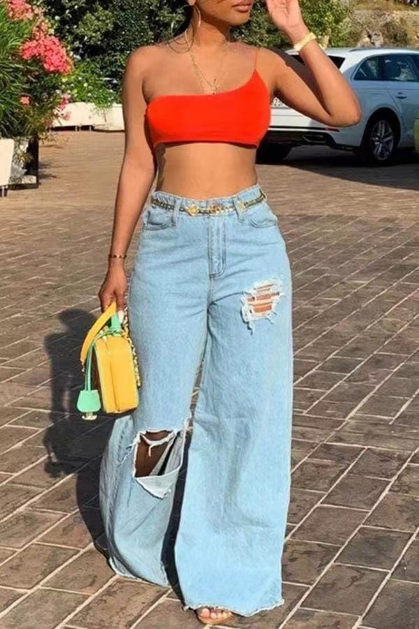 Hot Sale High Waist Irregularity Ripped Jeans Women Wide Leg Pants Popular Denim Jeans