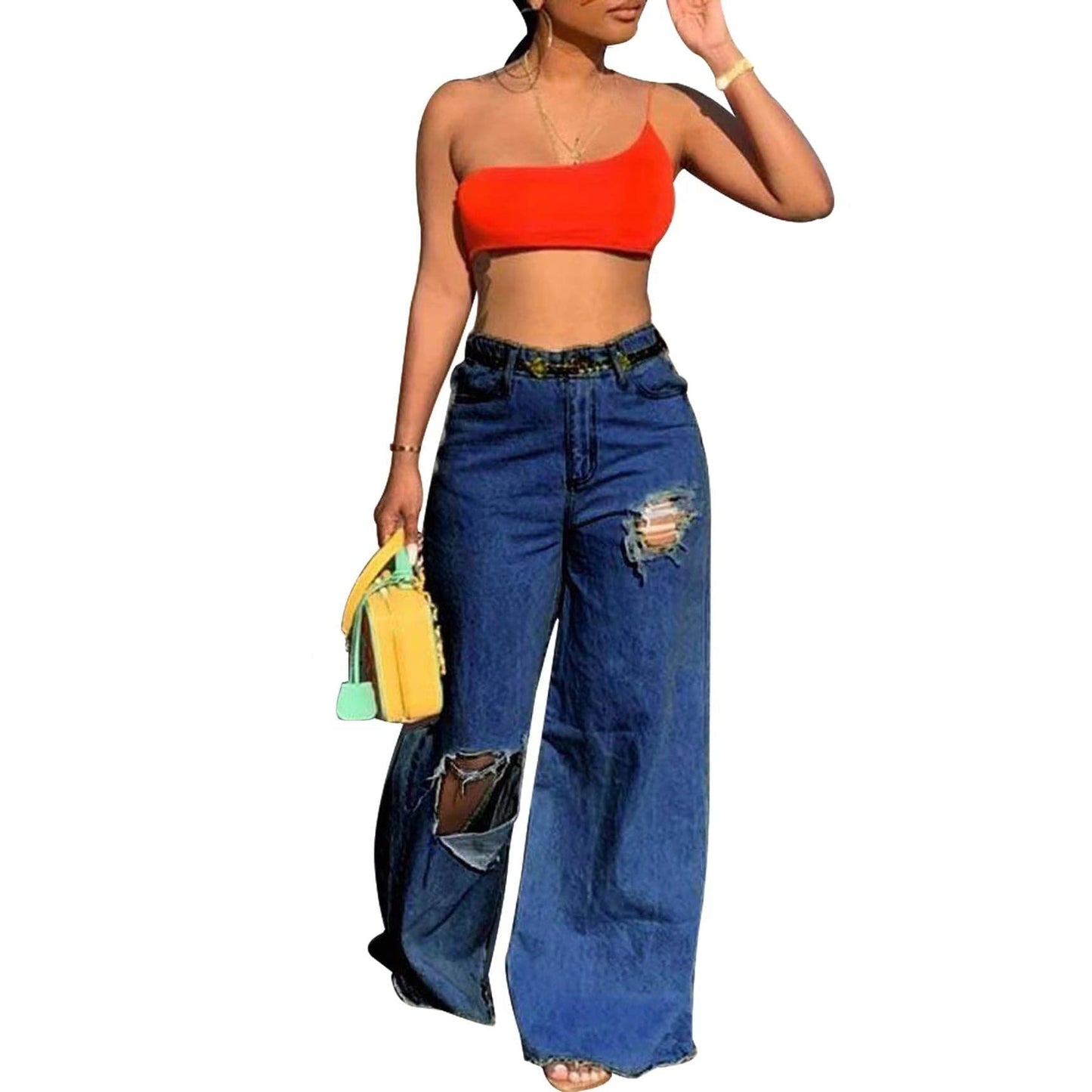 Hot Sale High Waist Irregularity Ripped Jeans Women Wide Leg Pants Popular Denim Jeans