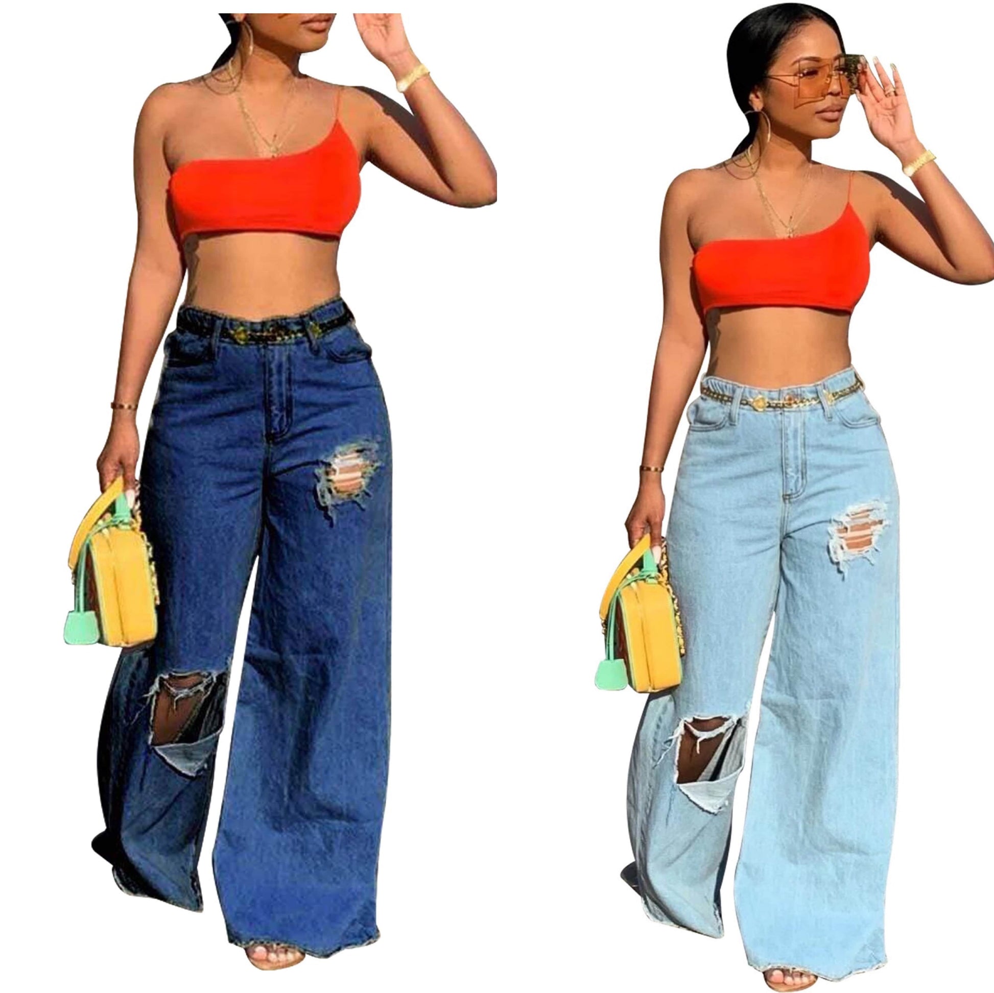 Hot Sale High Waist Irregularity Ripped Jeans Women Wide Leg Pants Popular Denim Jeans