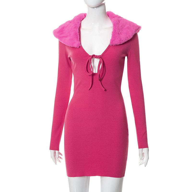 Hot Sale New Fashion 2022 Winter Fur Collar Bodycon Long Sleeve  Elegant Sexy Womens Dresses