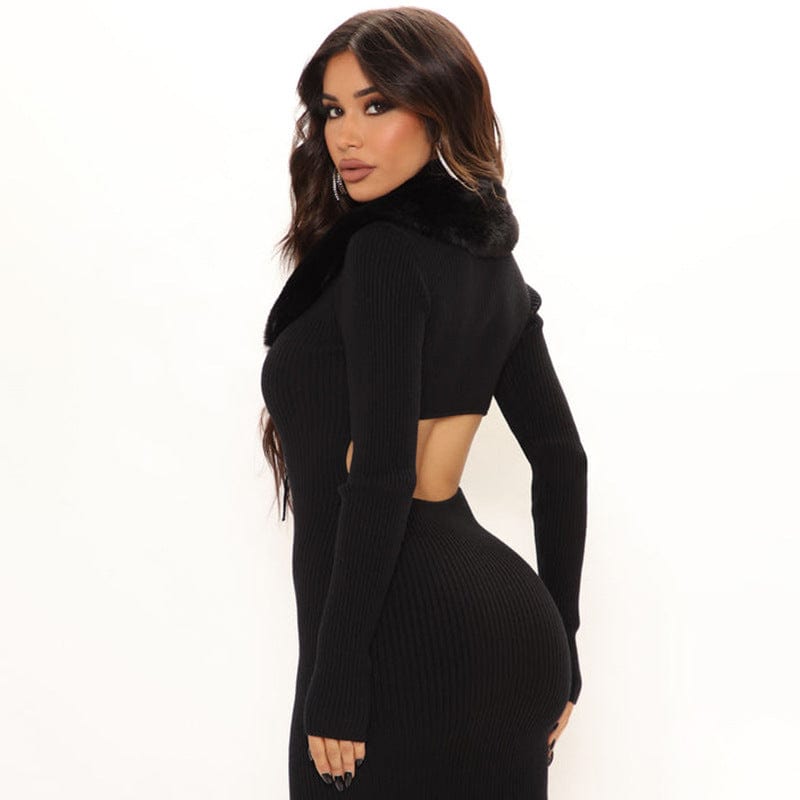 Hot Sale New Fashion 2022 Winter Fur Collar Bodycon Long Sleeve  Elegant Sexy Womens Dresses