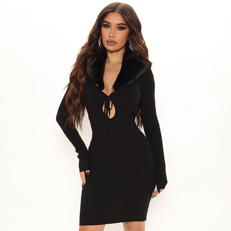 Hot Sale New Fashion 2022 Winter Fur Collar Bodycon Long Sleeve  Elegant Sexy Womens Dresses