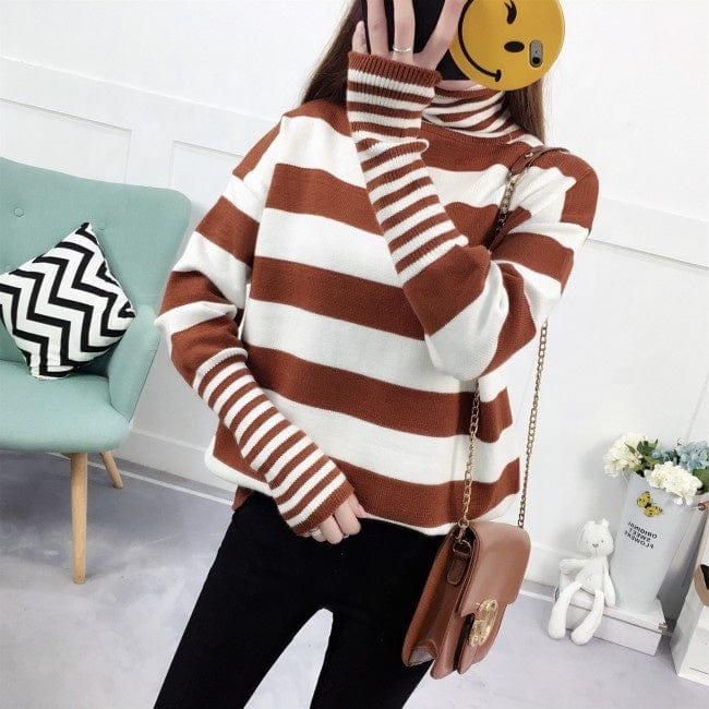 Hot Sale Pink Lady High Neck Batwing Sleeve Stripe Knitted Women Sweater