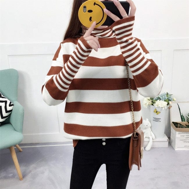 Hot Sale Pink Lady High Neck Batwing Sleeve Stripe Knitted Women Sweater