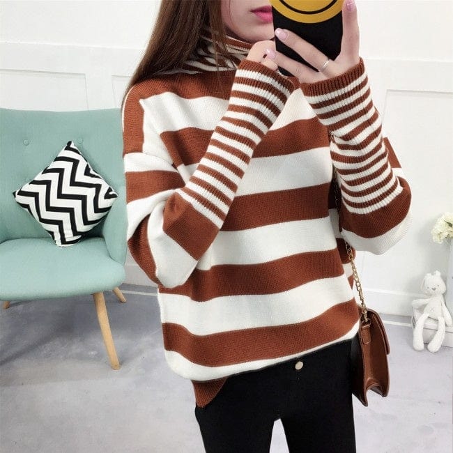 Hot Sale Pink Lady High Neck Batwing Sleeve Stripe Knitted Women Sweater