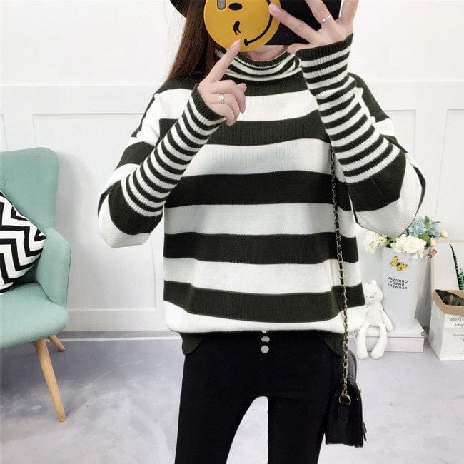 Hot Sale Pink Lady High Neck Batwing Sleeve Stripe Knitted Women Sweater