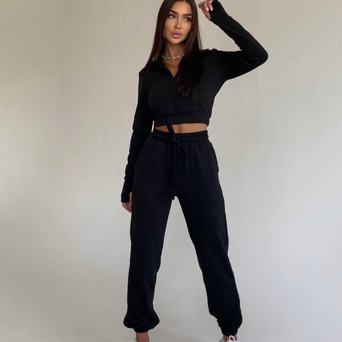 Hot sales women sets two piece long sleeve designer track suits crop top stand collar women track suit set