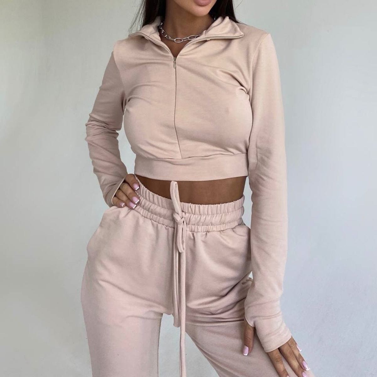 Hot sales women sets two piece long sleeve designer track suits crop top stand collar women track suit set