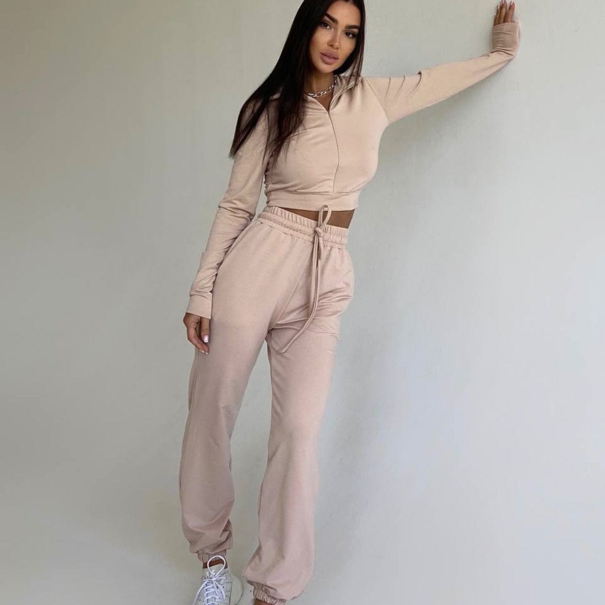 Hot sales women sets two piece long sleeve designer track suits crop top stand collar women track suit set