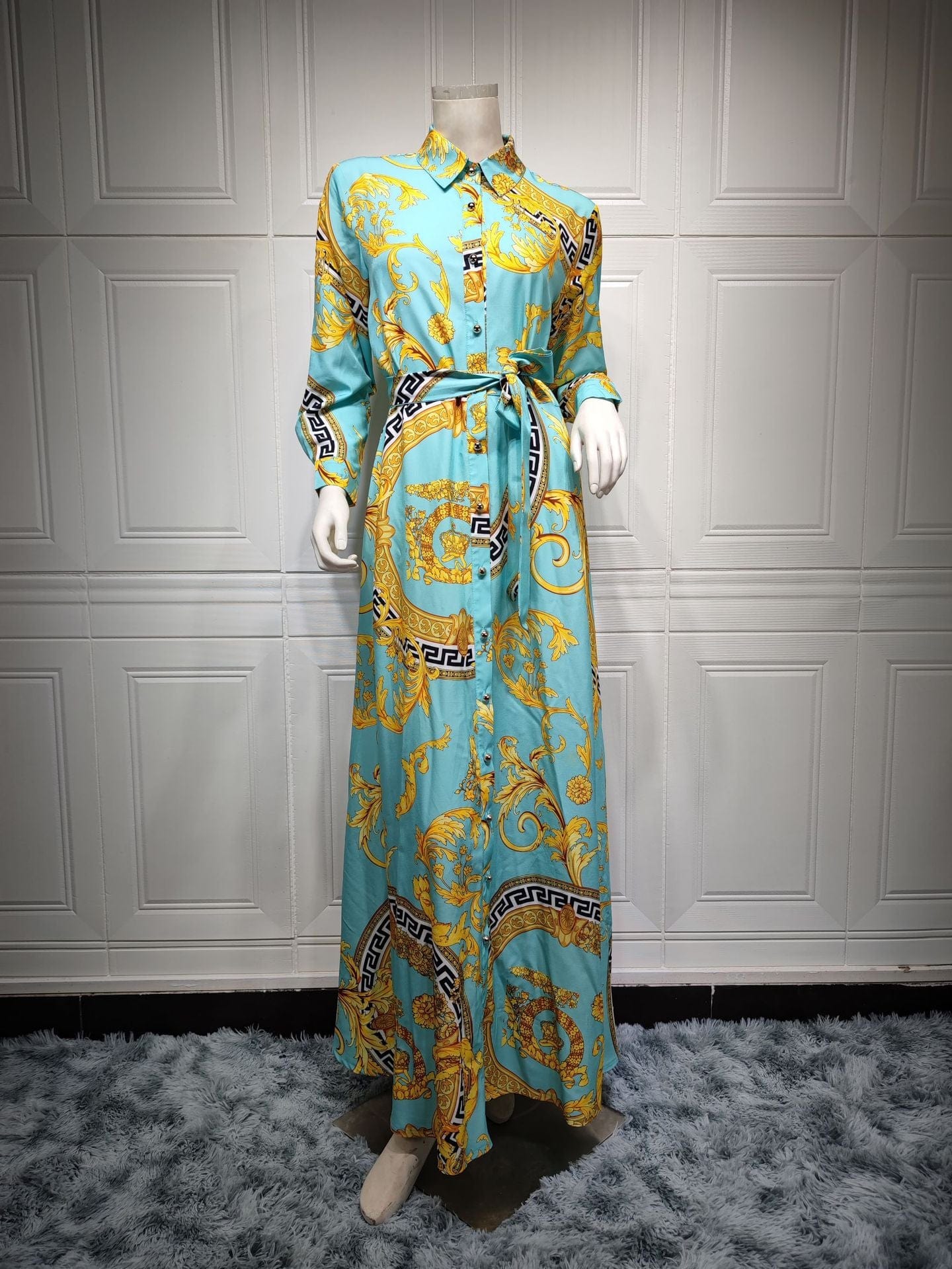 Hot Selling Golden Floral Dubai Abaya with Belt Long Sleeve Islamic Clothing Modest Evening Party Print Maxi Women Muslim Dress