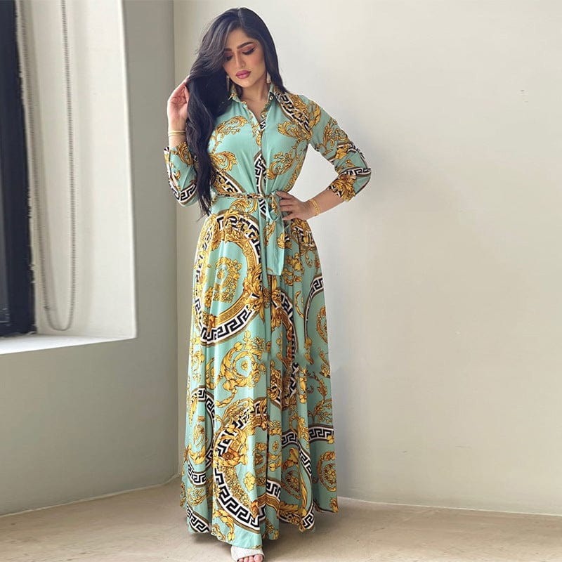 Hot Selling Golden Floral Dubai Abaya with Belt Long Sleeve Islamic Clothing Modest Evening Party Print Maxi Women Muslim Dress