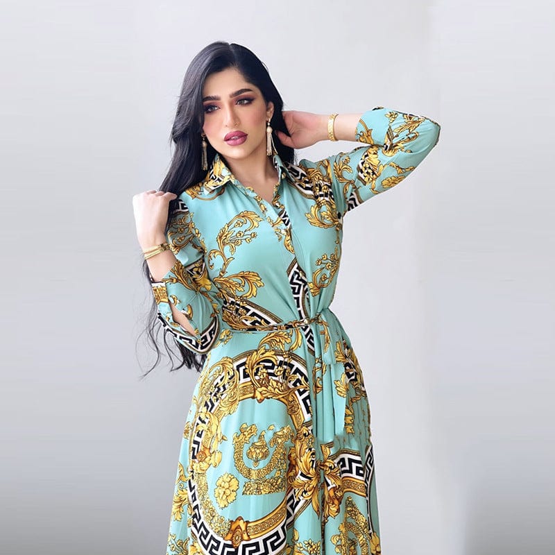 Hot Selling Golden Floral Dubai Abaya with Belt Long Sleeve Islamic Clothing Modest Evening Party Print Maxi Women Muslim Dress