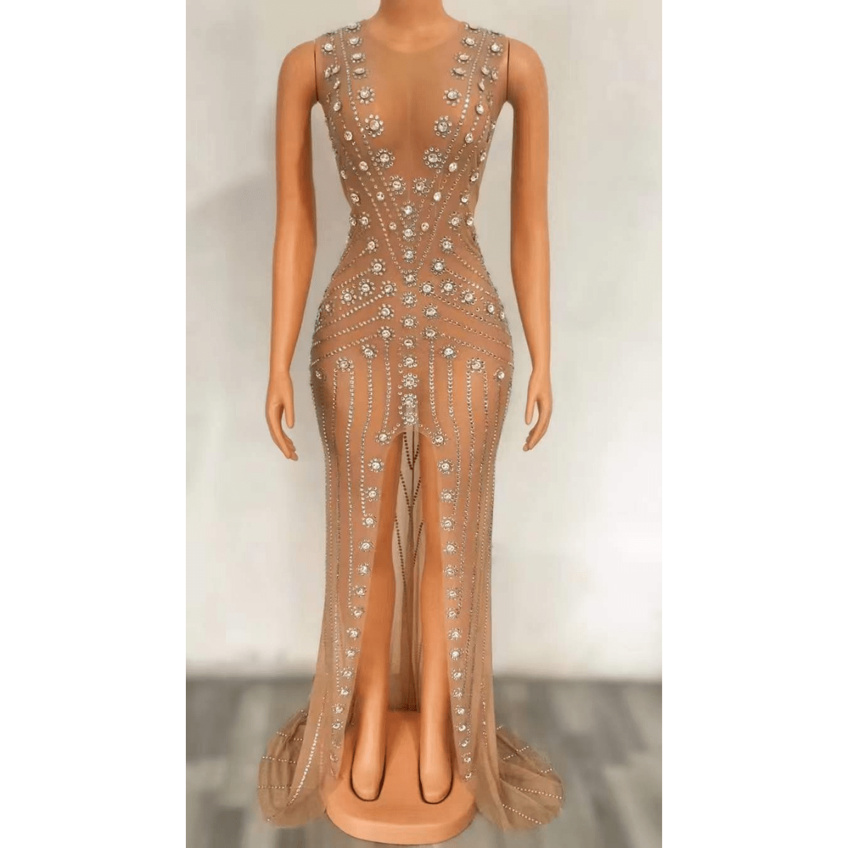 Hot Selling Luxury Diamond Flower Patchwork Party Club Dress Sexy Mesh See Through Sleeveless High Split Crystal Prom Maxi Dress