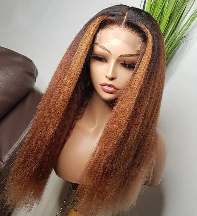 Hot Selling Ombre Brown Long Kinky Straight Wigs Cuticle Aligned Virgin Hair 13*4 Lace Front Wigs