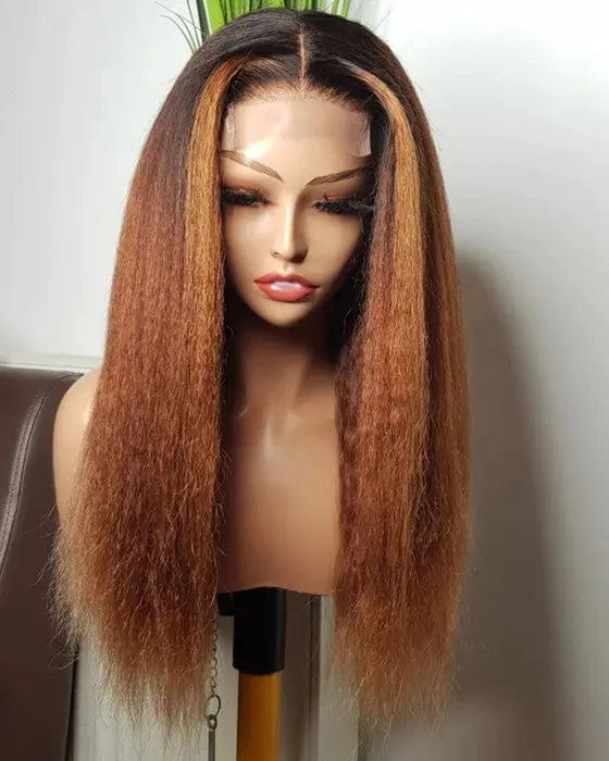 Hot Selling Ombre Brown Long Kinky Straight Wigs Cuticle Aligned Virgin Hair 13*4 Lace Front Wigs