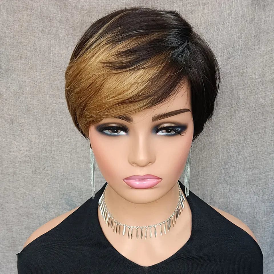 Hot Selling Pixie Cut Bob Wig Highlight Brown Silky Straight Brazilian Human Hair None Lace Wigs