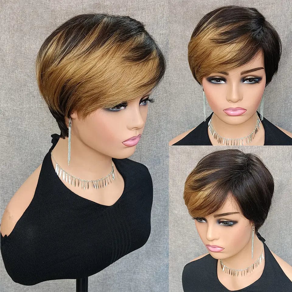 Hot Selling Pixie Cut Bob Wig Highlight Brown Silky Straight Brazilian Human Hair None Lace Wigs