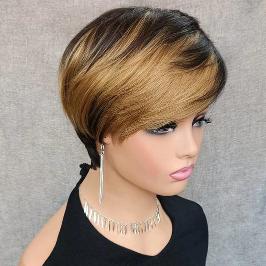 Hot Selling Pixie Cut Bob Wig Highlight Brown Silky Straight Brazilian Human Hair None Lace Wigs