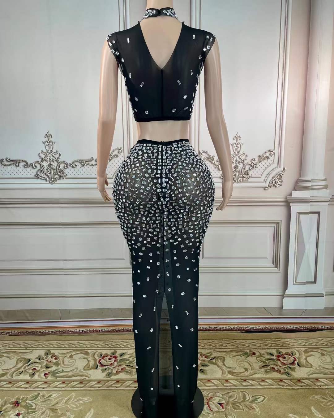 Hot Selling Rhinestone Custom Design Sets Skirt Large Diamond Crystal Crop Topand Long Skirt Sets Women 2 Piece Party Outfits