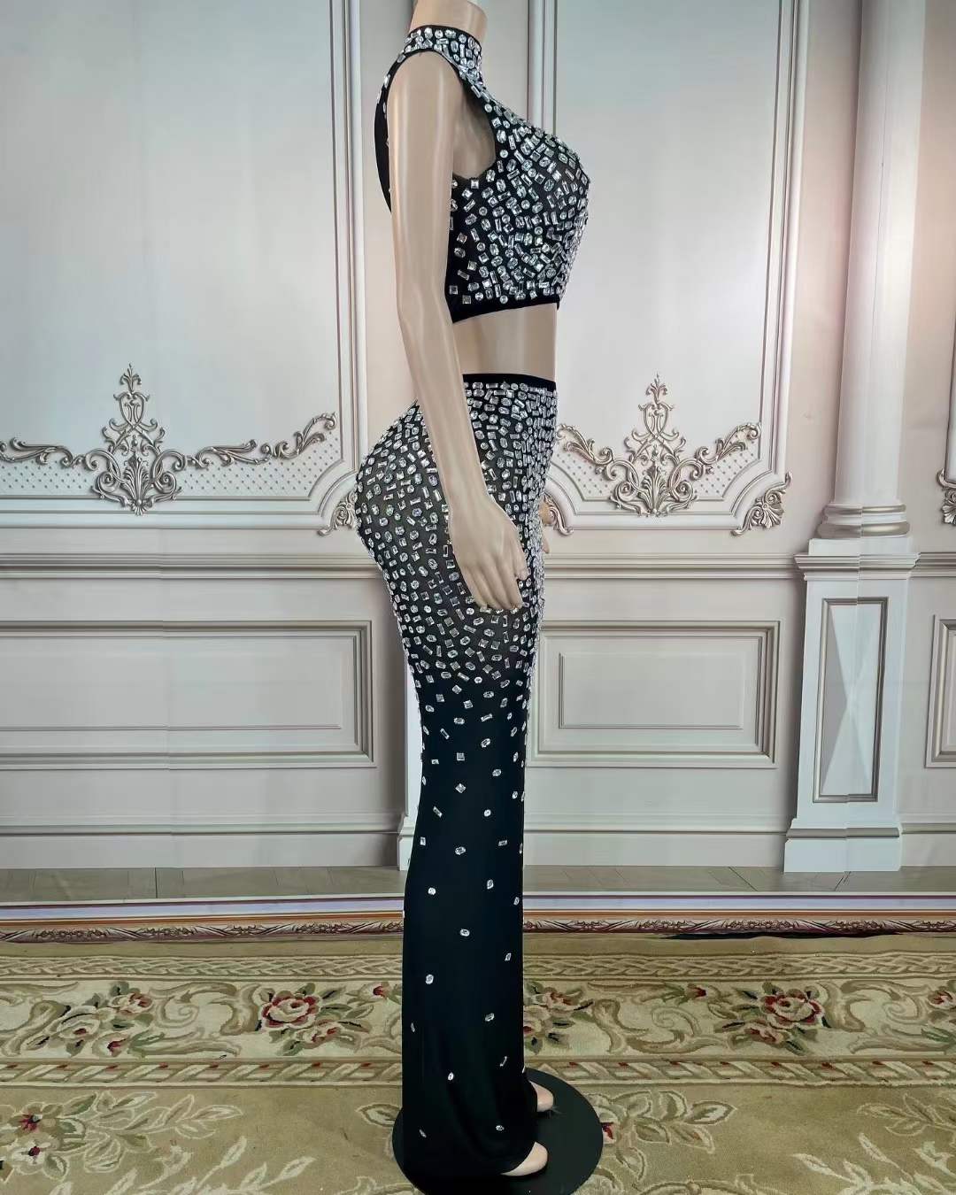 Hot Selling Rhinestone Custom Design Sets Skirt Large Diamond Crystal Crop Topand Long Skirt Sets Women 2 Piece Party Outfits