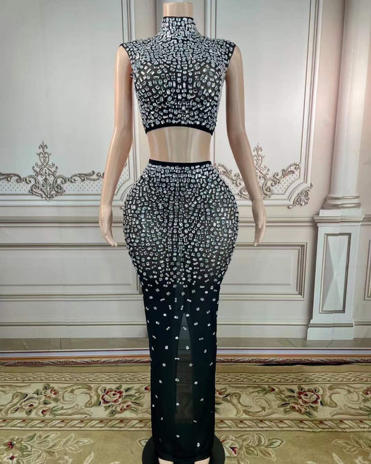 Hot Selling Rhinestone Custom Design Sets Skirt Large Diamond Crystal Crop Topand Long Skirt Sets Women 2 Piece Party Outfits