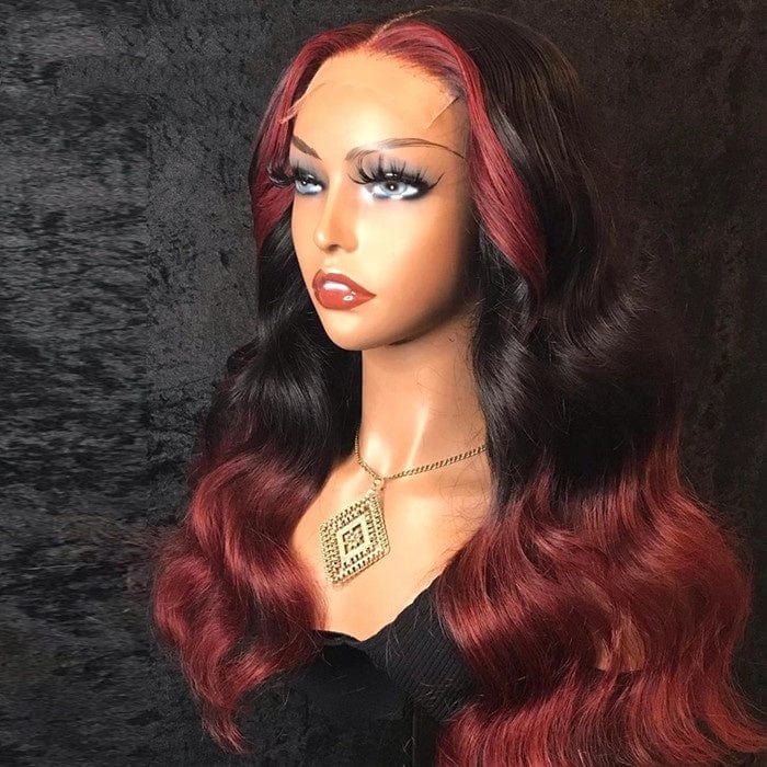 Hot Selling Trendy Ombre 99J Burgundy Highlight Body Ocean Wave Virgin Mongolian Cuticle Aligned Hair Lace Front Wigs