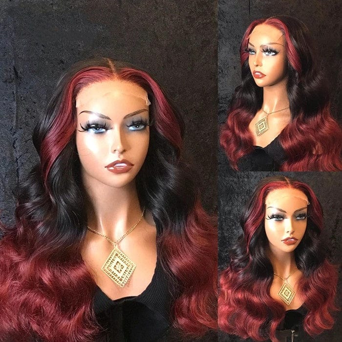 Hot Selling Trendy Ombre 99J Burgundy Highlight Body Ocean Wave Virgin Mongolian Cuticle Aligned Hair Lace Front Wigs