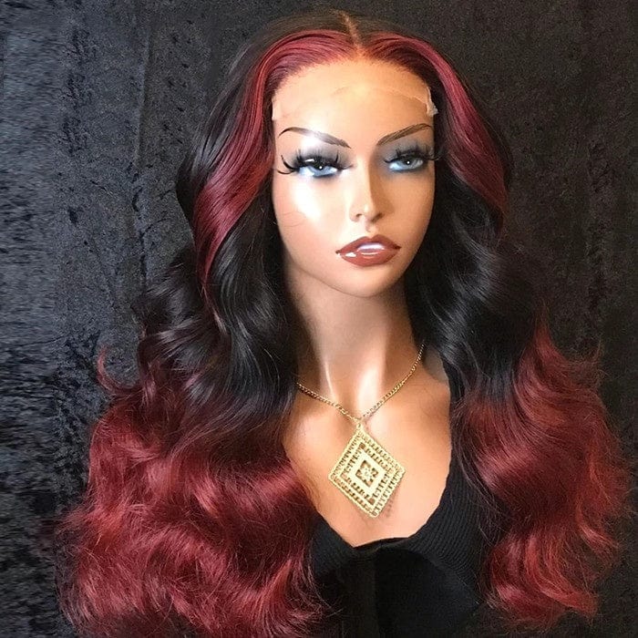 Hot Selling Trendy Ombre 99J Burgundy Highlight Body Ocean Wave Virgin Mongolian Cuticle Aligned Hair Lace Front Wigs