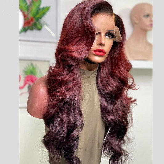 Hot Selling Trendy Ombre 99J Burgundy Highlight Body Ocean Wave Virgin Mongolian Cuticle Aligned Hair Lace Front Wigs