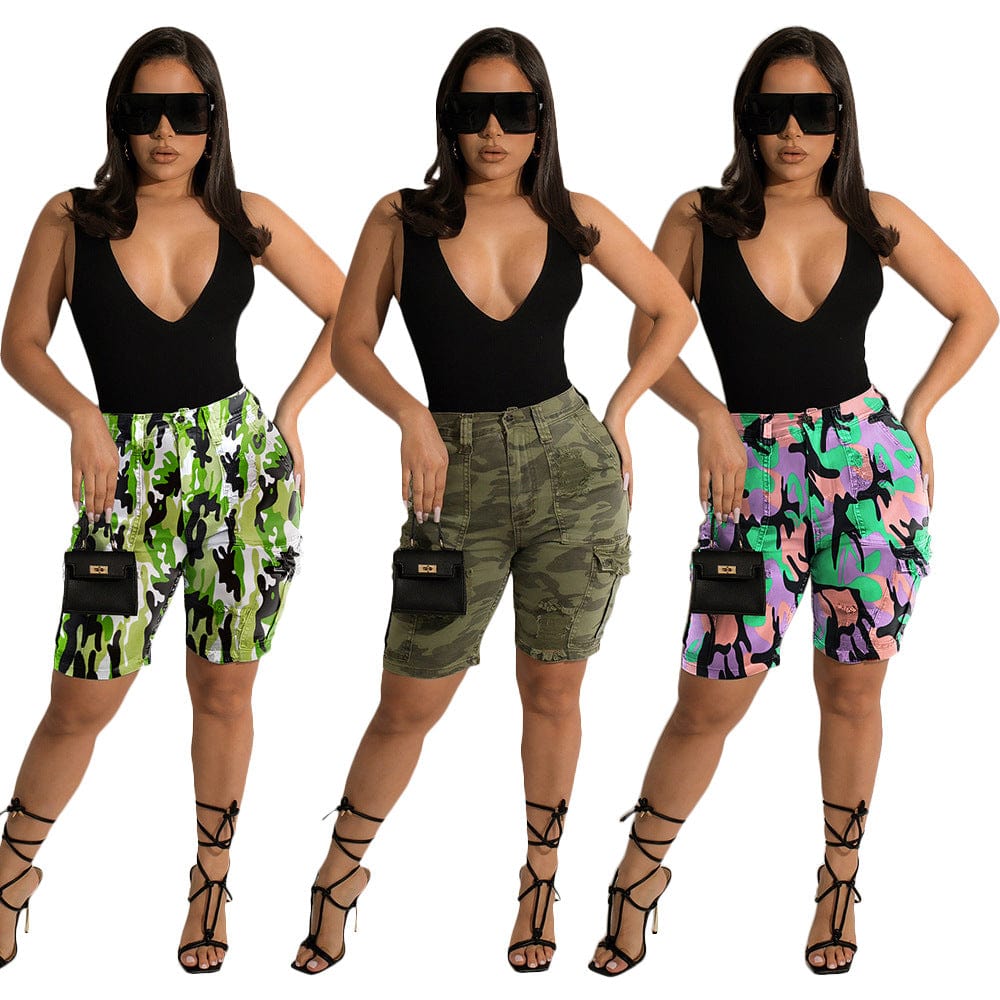 Hot Style Ripped Hole Camouflage Shorts High Waist Woman Big Pocket Casual Military Trousers Cargo Camouflage Jean Shorts