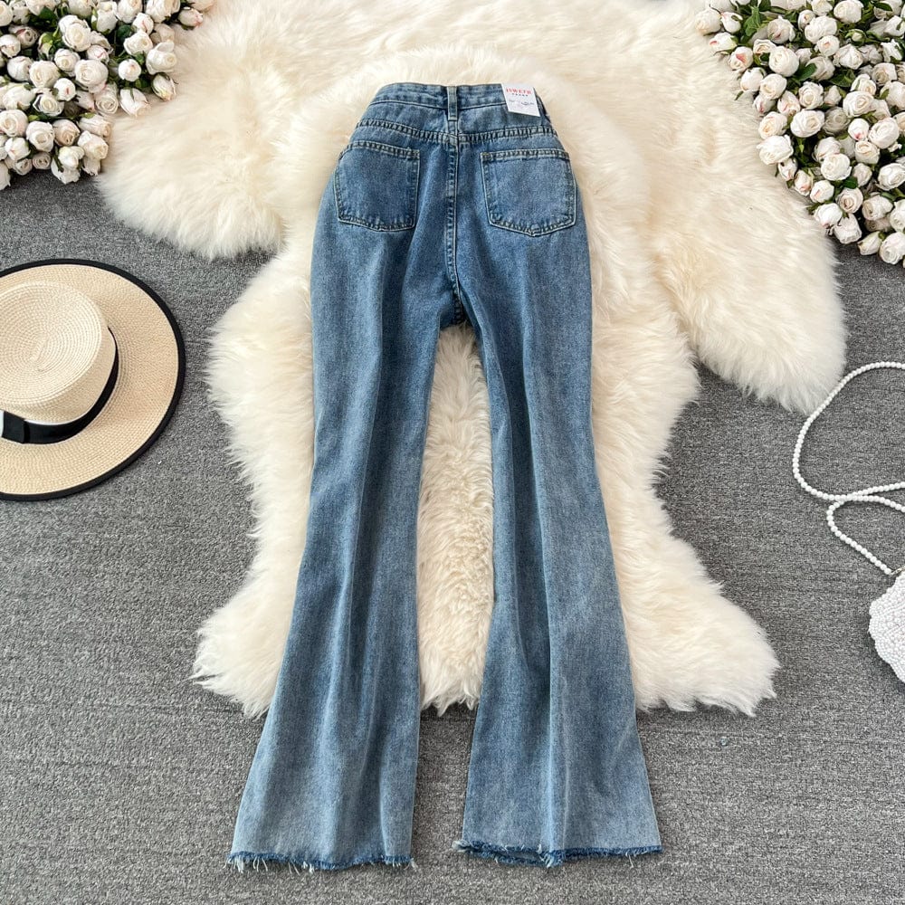 Hot styles High-waisted slim and high visible thin Large size ripped pants Denim Flared Pants