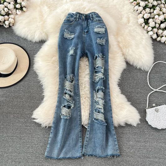 Hot styles High-waisted slim and high visible thin Large size ripped pants Denim Flared Pants