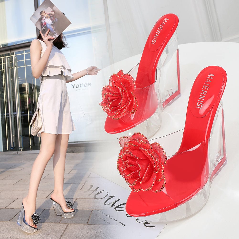 Hot Wholesale shoes women sandals sexy crystal 14 cm high heels ladies platform sandals stripper shoes with silk flowers