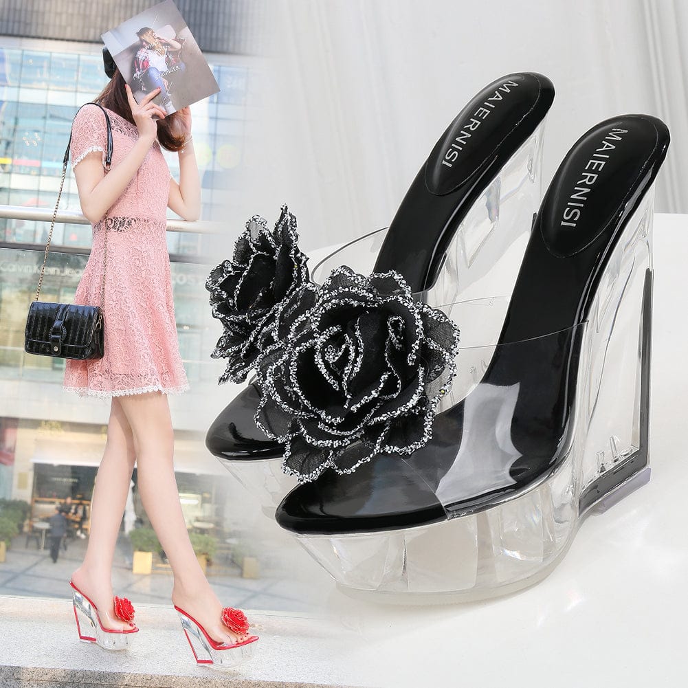 Hot Wholesale shoes women sandals sexy crystal 14 cm high heels ladies platform sandals stripper shoes with silk flowers