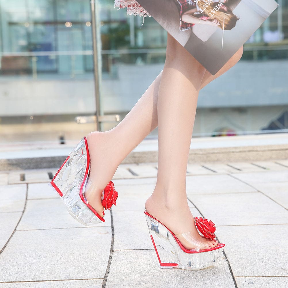 Hot Wholesale shoes women sandals sexy crystal 14 cm high heels ladies platform sandals stripper shoes with silk flowers