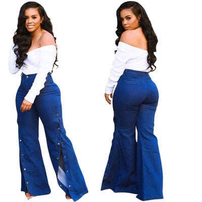 HSF2048 New arrival fashion personality split wide leg high waist stretch blue flared jeans new women