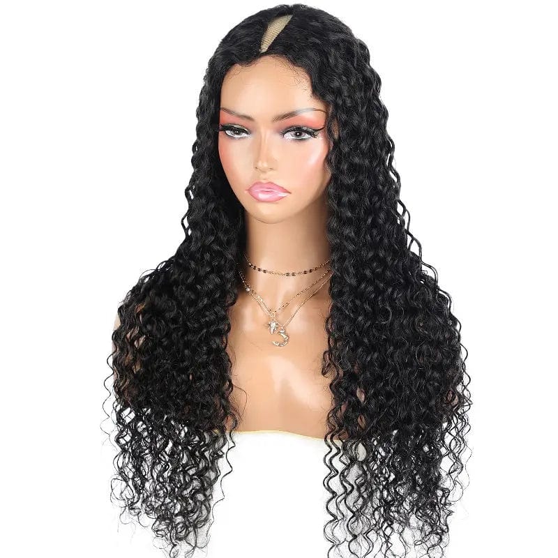 human hair 14 Inches / Water Wave 10A Kinky Curly Thin Part wig