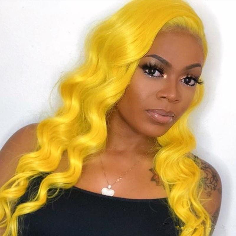 Human hair 180 density 24inch long 10a body wave double drawn peruvian hair yellow 360 glueless lace front wig for women