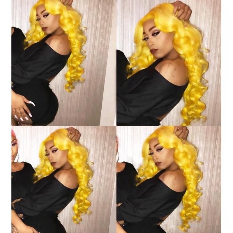 Human hair 180 density 24inch long 10a body wave double drawn peruvian hair yellow 360 glueless lace front wig for women