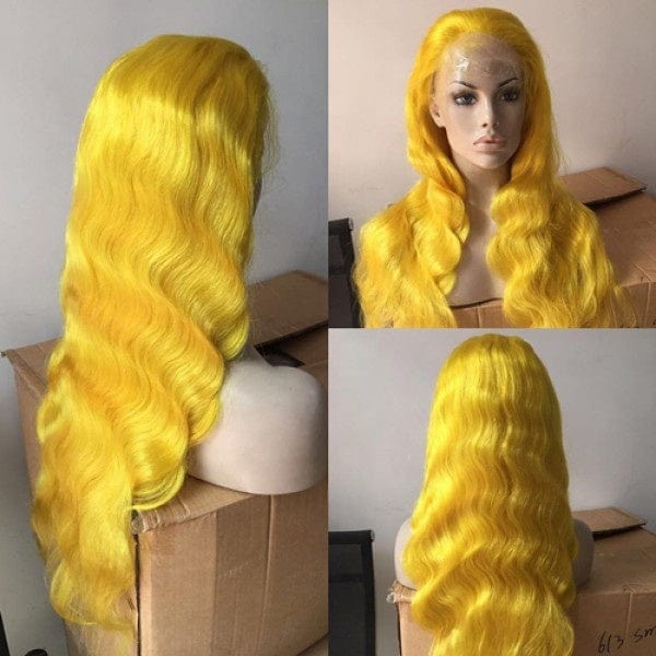 Human hair 180 density 24inch long 10a body wave double drawn peruvian hair yellow 360 glueless lace front wig for women