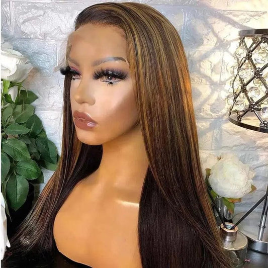 Human Hair Invisible Knots Scalp Highlight Brown Long Straight Cuticle Aligned Hair Lace Front Wig