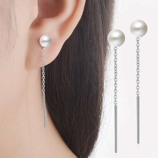 Imitation pearl Genuine 925 Sterling Silver Fashion Sweet Freshwater Pearl Long Linked Earring Line for Women Wedding Jewelry