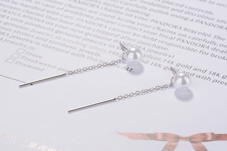 Imitation pearl Genuine 925 Sterling Silver Fashion Sweet Freshwater Pearl Long Linked Earring Line for Women Wedding Jewelry