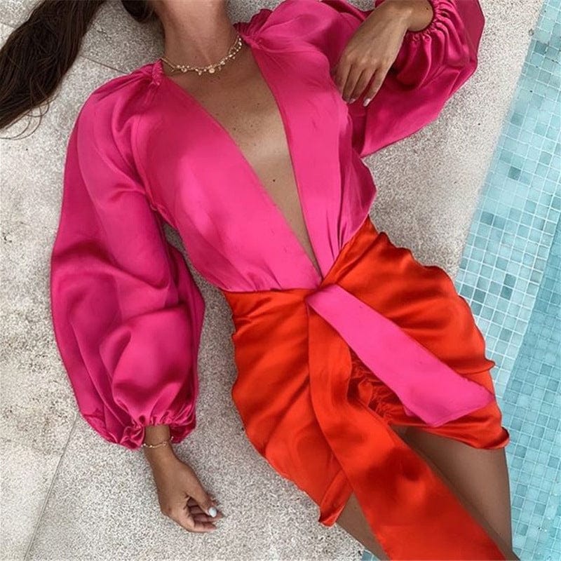 J&H 2023 hot sale puff sleeve two tone satin 2 piece skirts set women sexy deep V bodysuit shirt top and ruched mini skirts