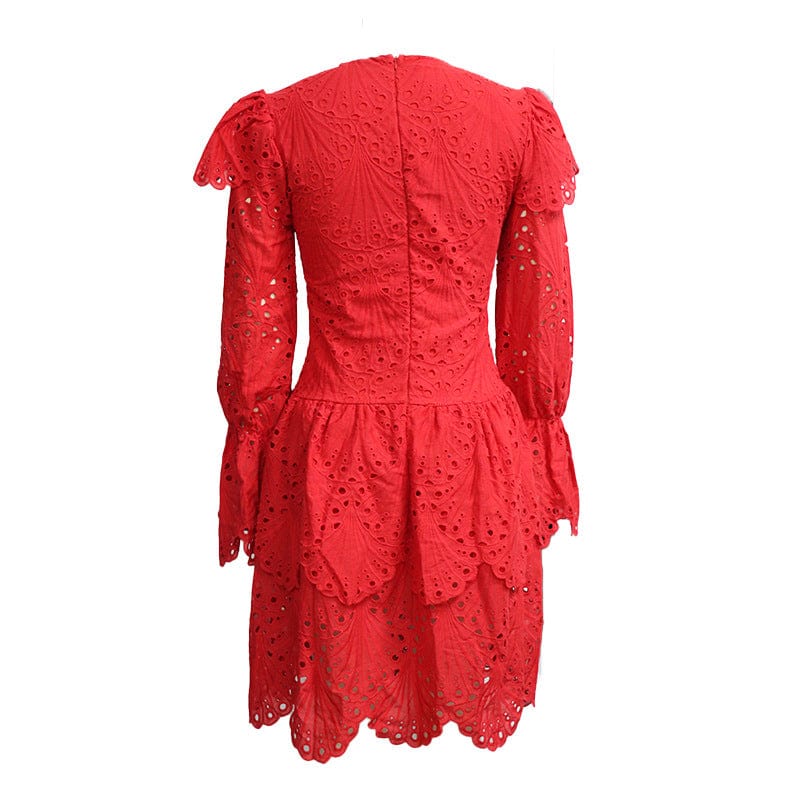 J&H 2023 new arrivals 100% cotton lace fabric dress ladies elegance hollow out o neck puff sleeve fashion party dress